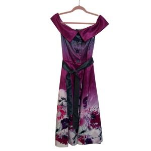 Samuel Dong Off the Shoulder Midi Dress‎ Size S Purple Floral Button Front Sash